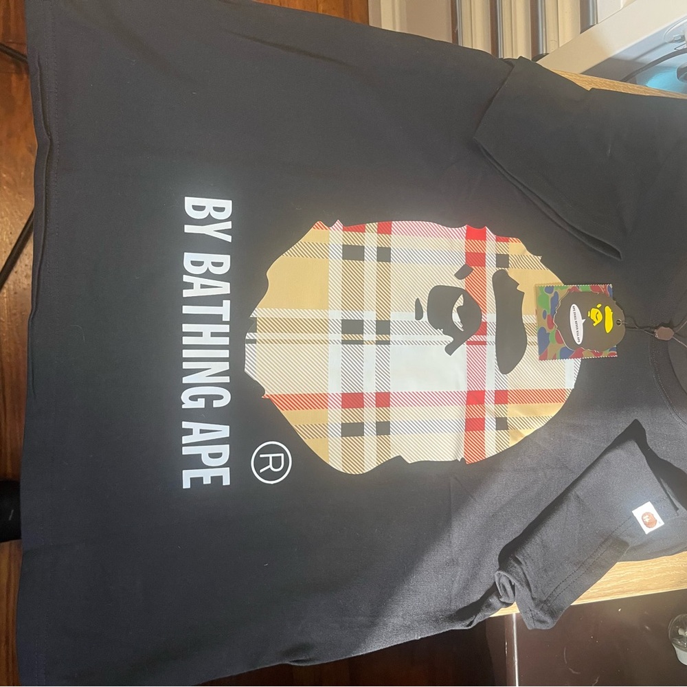 Black BAPE T-Shirt with Plaid Ape Logo